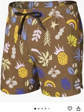 Saxx Olive Tropical Print swim Shorts with Yellow & Blue Accents